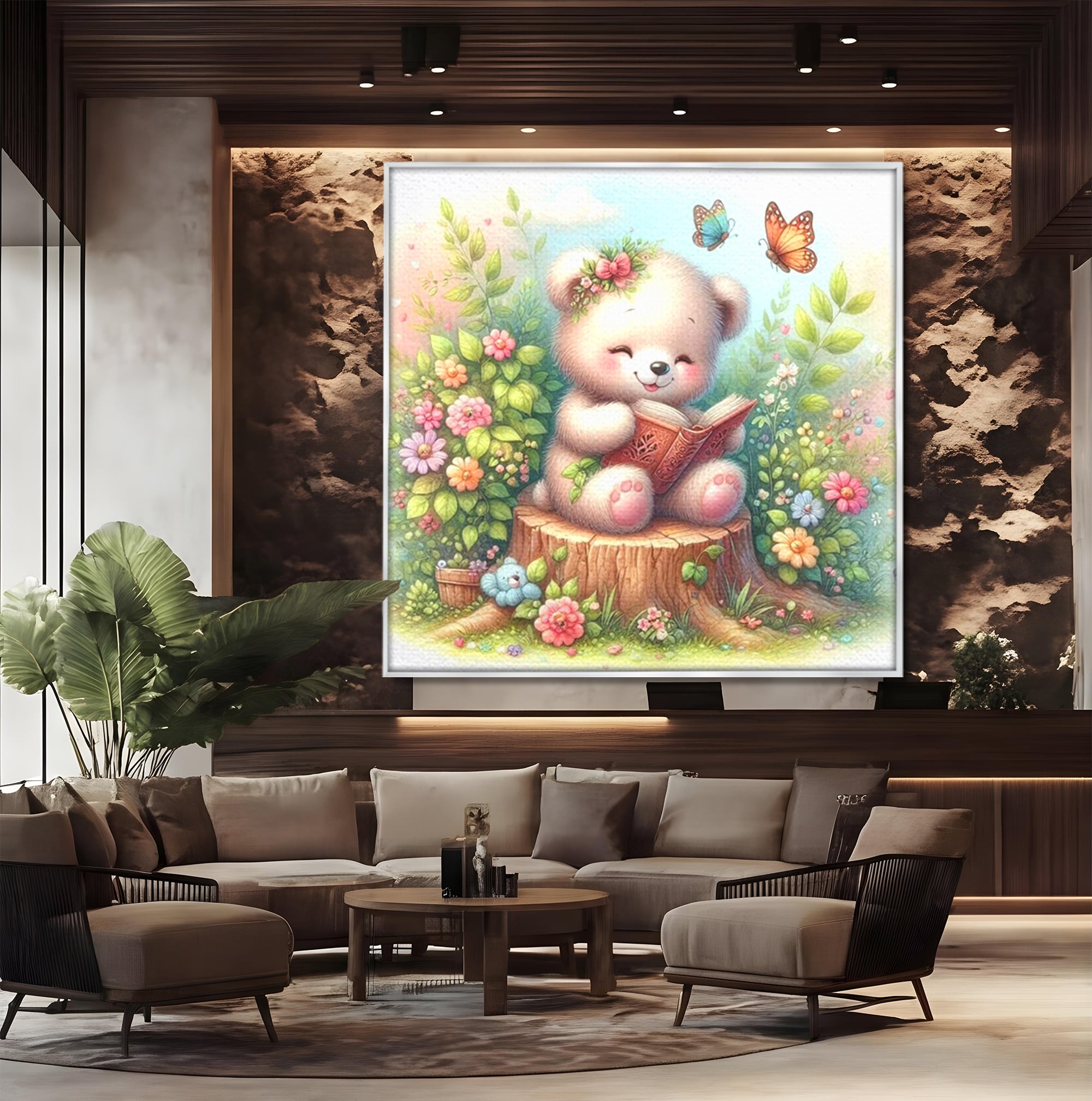 Tablou canvas cu tablou canvas cu ursulet cititor, in rama de aluminiu argintiu, pe perete intr-un birou